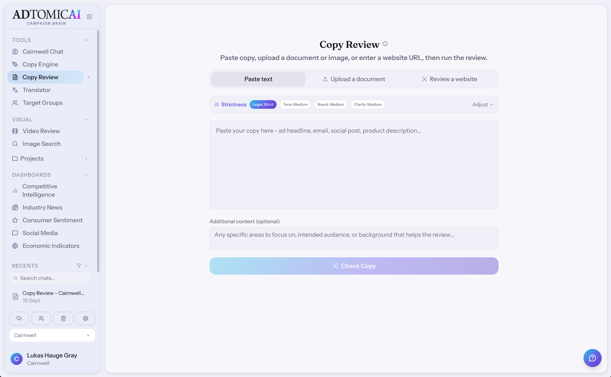 Copy Review workspace