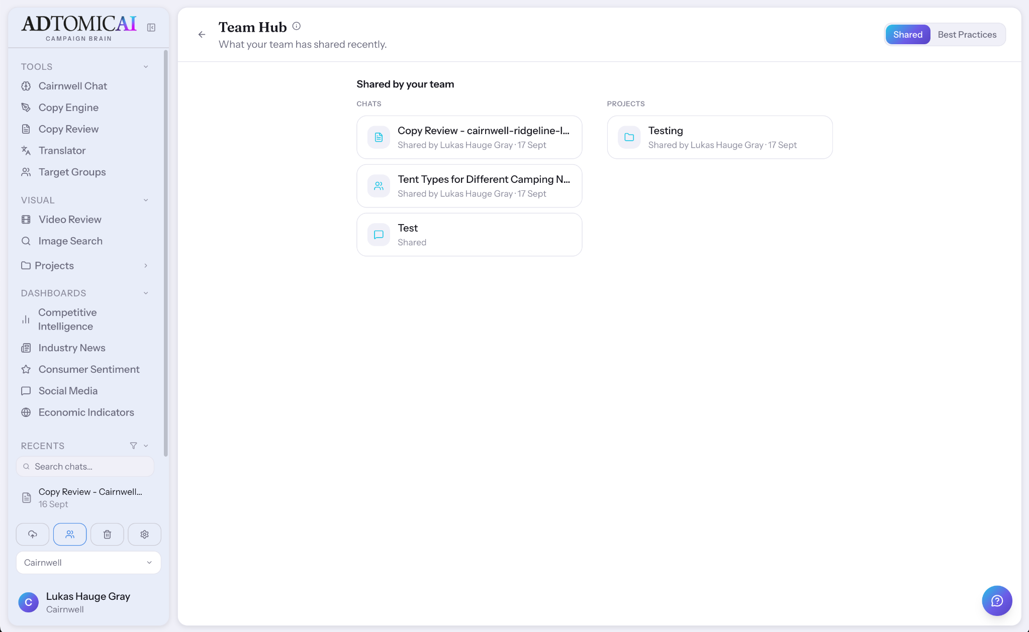 Team Hub workspace with shared chats and projects
